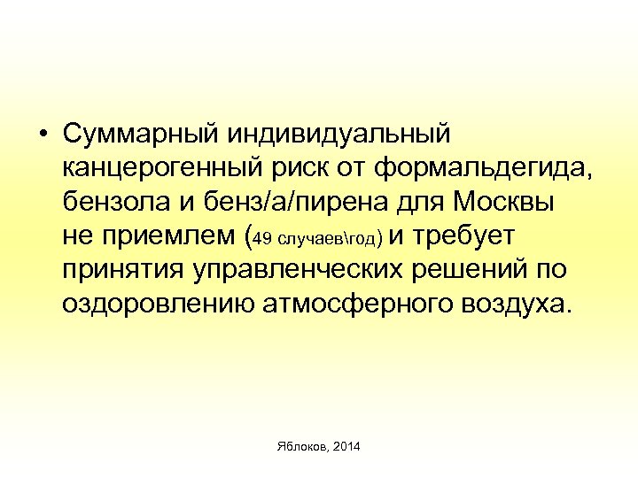  • Суммарный индивидуальный канцерогенный риск от формальдегида, бензола и бенз/а/пирена для Москвы не