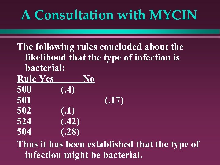 A Consultation with MYCIN The following rules concluded about the likelihood that the type