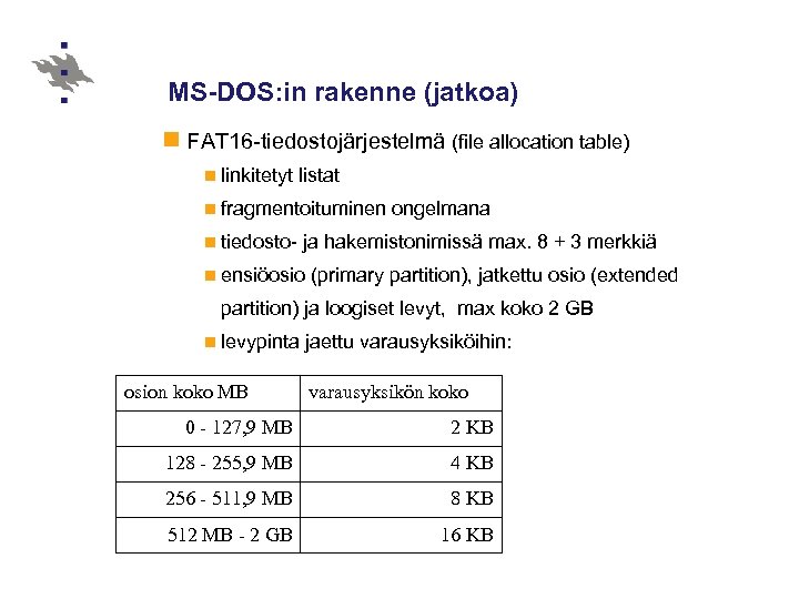 MS-DOS: in rakenne (jatkoa) n FAT 16 -tiedostojärjestelmä (file allocation table) n linkitetyt listat