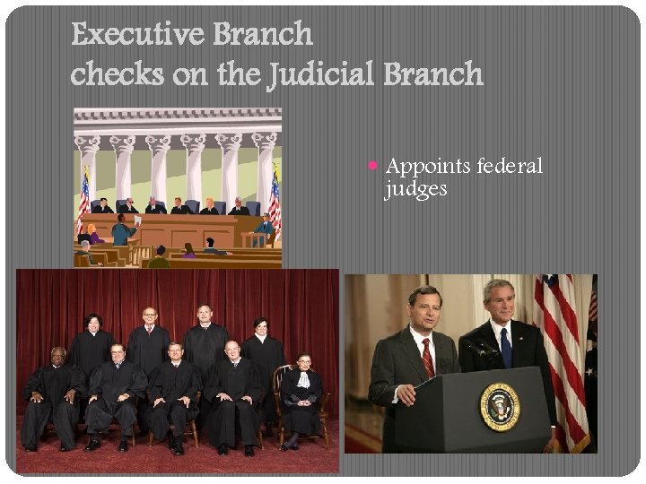 Executive Branch checks on the Judicial Branch Appoints federal judges 