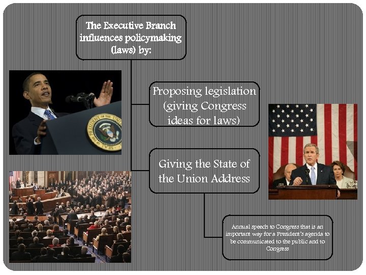 The Executive Branch influences policymaking (laws) by: Proposing legislation (giving Congress ideas for laws)