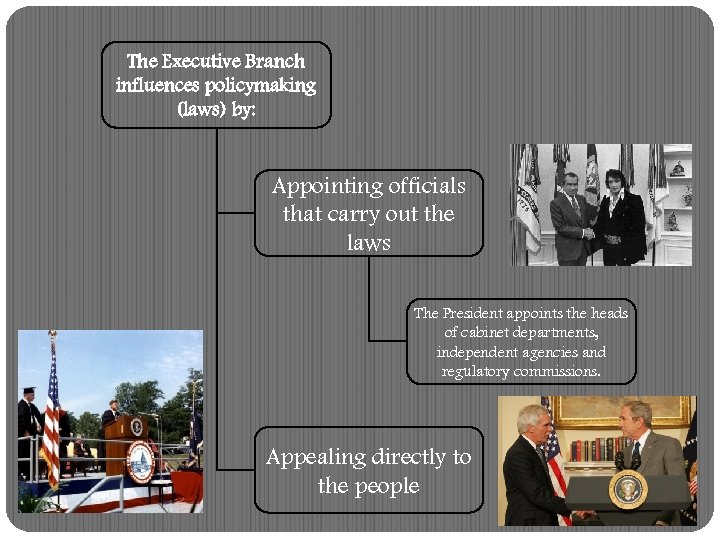 The Executive Branch influences policymaking (laws) by: Appointing officials that carry out the laws