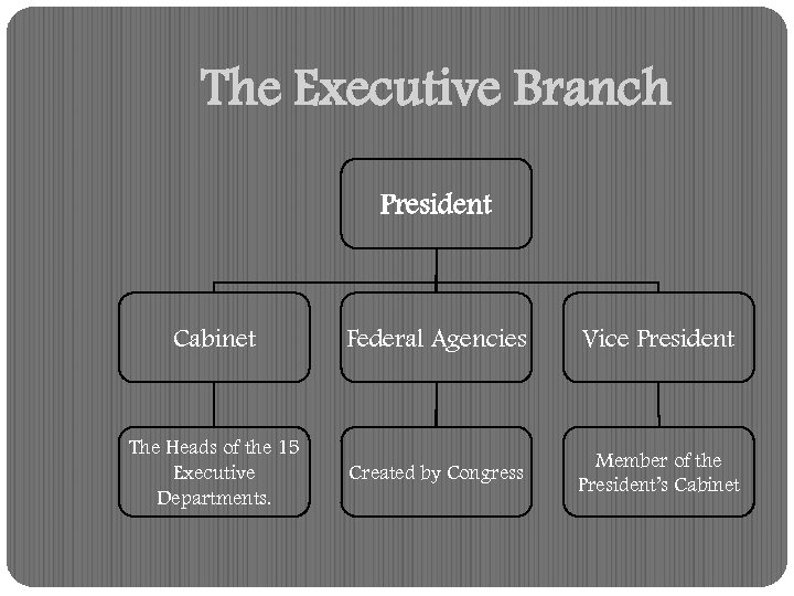 The Executive Branch President Cabinet Federal Agencies Vice President The Heads of the 15