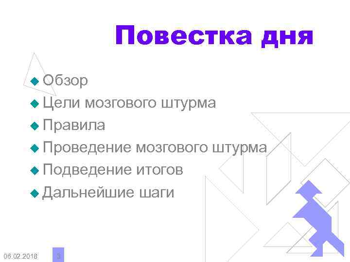 Повестка дня u Обзор u Цели мозгового штурма u Правила u Проведение мозгового штурма