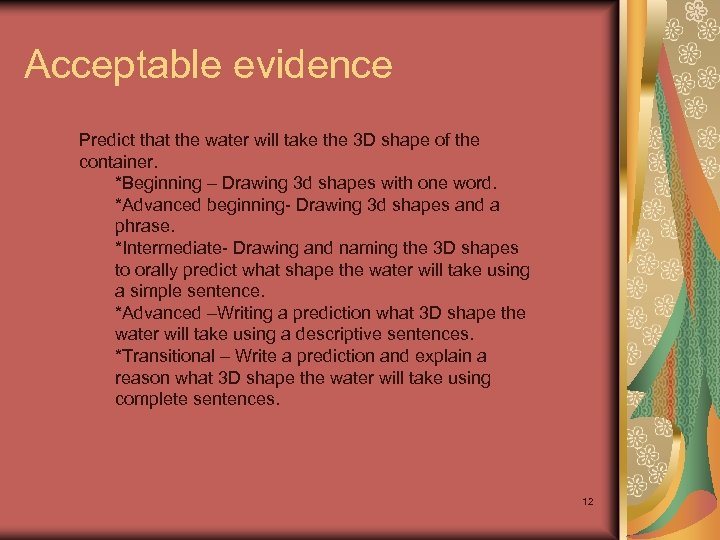 Acceptable evidence Predict that the water will take the 3 D shape of the