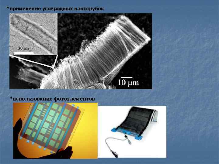 *применение углеродных нанотрубок *использование фотоэлементов 