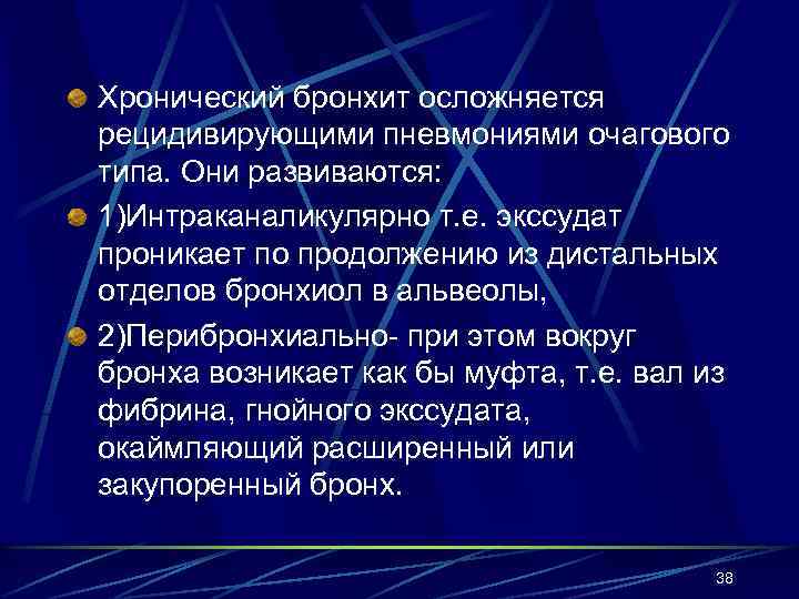 Хронический бронхит осложняется рецидивирующими пневмониями очагового типа. Они развиваются: 1)Интраканаликулярно т. е. экссудат проникает