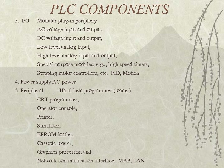 PLC COMPONENTS 3. I/O Modular plug-in periphery AC voltage input and output, DC voltage