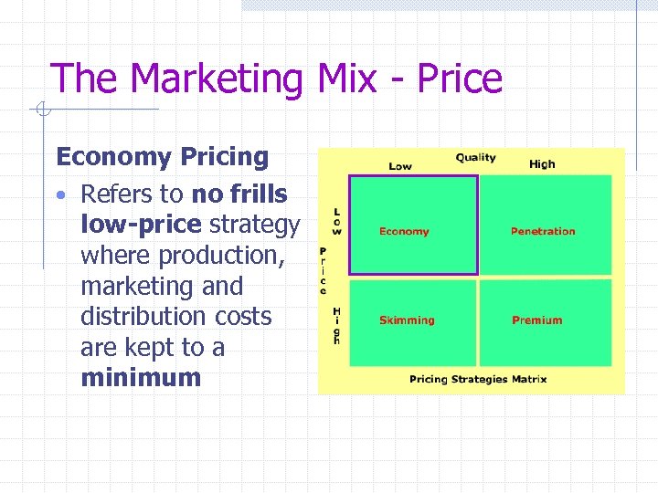 The Marketing Mix - Price Economy Pricing • Refers to no frills low-price strategy