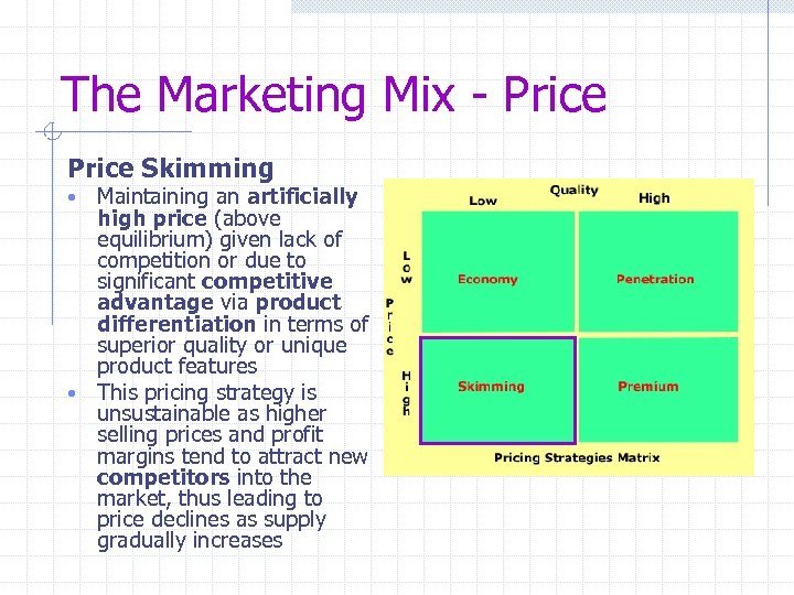 The Marketing Mix - Price Skimming Maintaining an artificially high price (above equilibrium) given