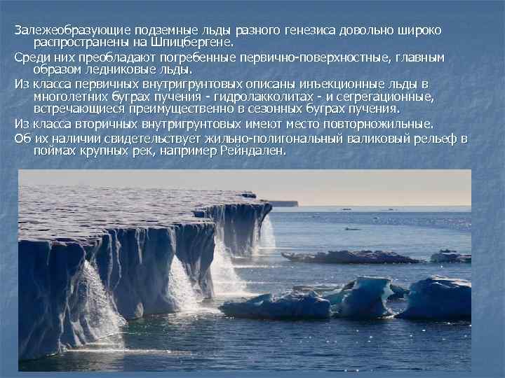 Залежеобразующие подземные льды разного генезиса довольно широко распространены на Шпицбергене. Среди них преобладают погребенные