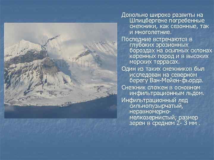 Довольно широко развиты на Шпицбергене погребенные снежники, как сезонные, так и многолетние. Последние встречаются