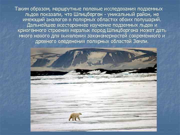 Таким образом, маршрутные полевые исследования подземных льдов показали, что Шпицберген - уникальный район, не