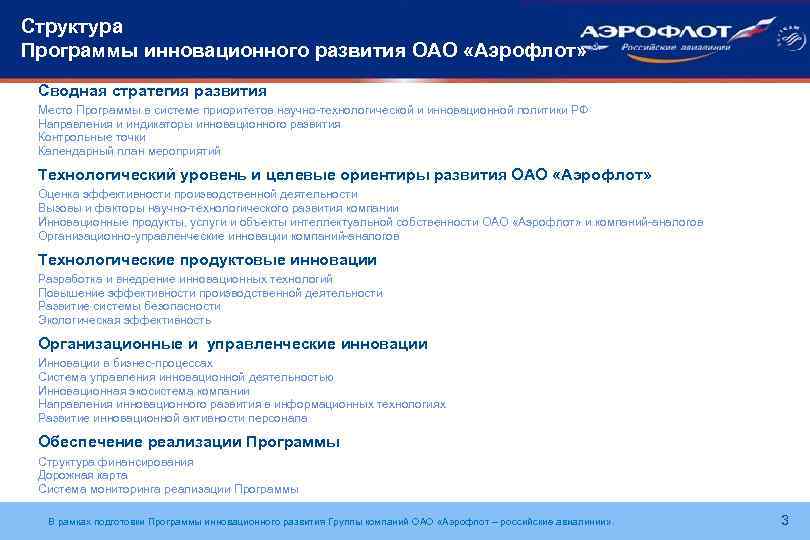 Структура Программы инновационного развития ОАО «Аэрофлот» Сводная стратегия развития Место Программы в системе приоритетов