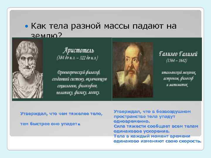  Как тела разной массы падают на землю? Утверждал, что чем тяжелее тело, .