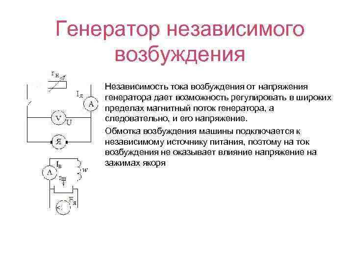 Генератор независимого возбуждения Независимость тока возбуждения от напряжения генератора дает возможность регулировать в широких