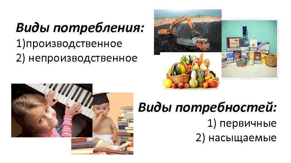 Виды потребления: 1)производственное 2) непроизводственное Виды потребностей: 1) первичные 2) насыщаемые 