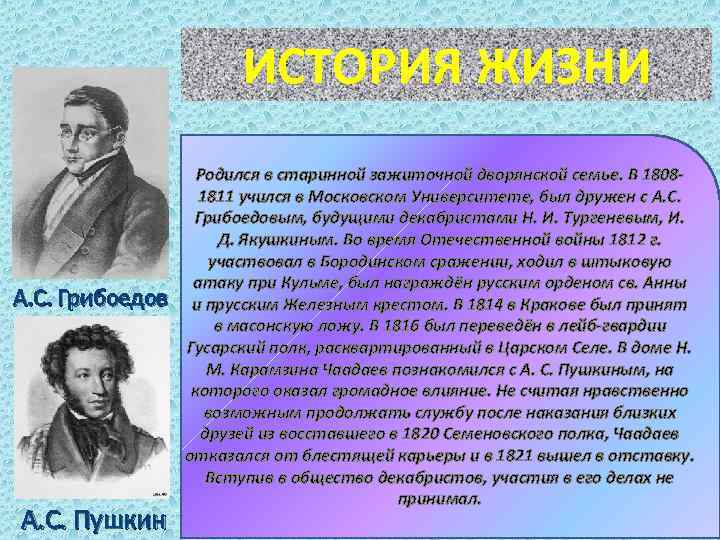 ИСТОРИЯ ЖИЗНИ А. С. Грибоедов А. С. Пушкин Родился в старинной зажиточной дворянской семье.