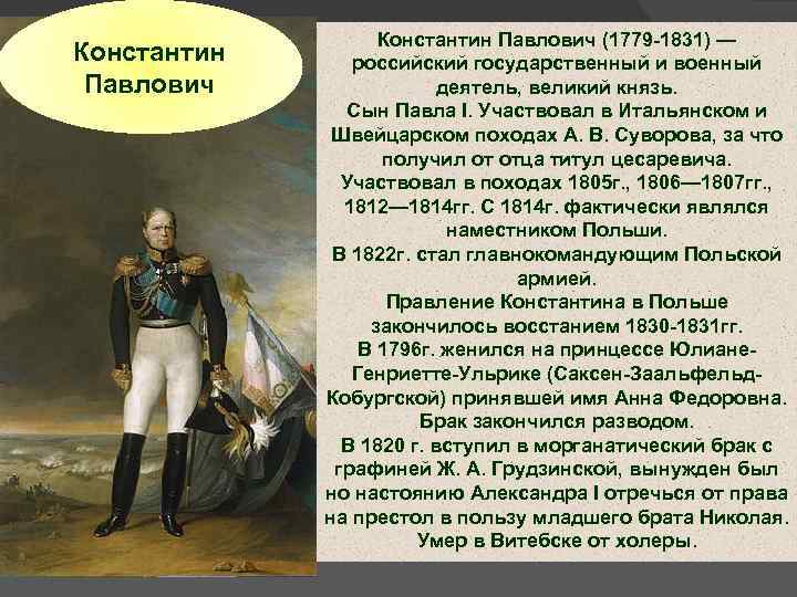 Константин Павлович (1779 1831) — российский государственный и военный деятель, великий князь. Сын Павла