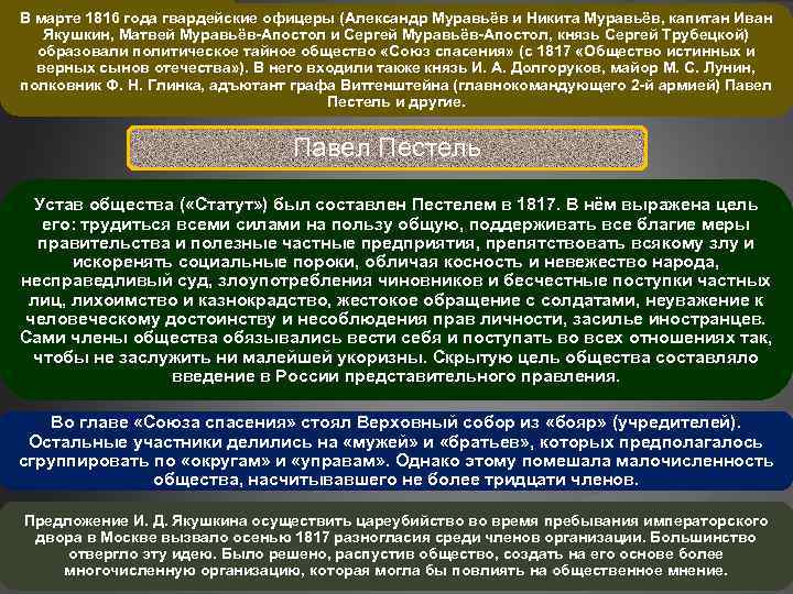 В марте 1816 года гвардейские офицеры (Александр Муравьёв и Никита Муравьёв, капитан Иван Якушкин,