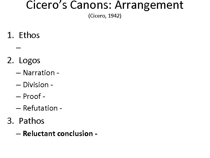 Cicero’s Canons: Arrangement (Cicero, 1942) 1. Ethos – 2. Logos – Narration – Division