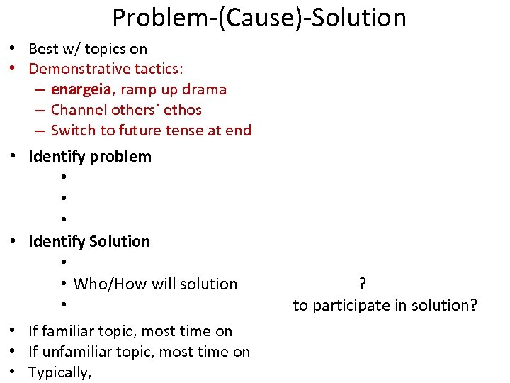 Problem-(Cause)-Solution • Best w/ topics on • Demonstrative tactics: – enargeia, ramp up drama