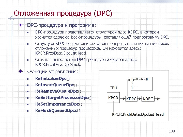 Отложенная процедура (DPC) DPC процедура в программе: n n n DPC процедура представляется структурой