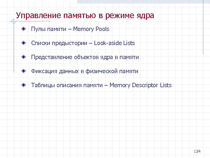 Управление памятью в режиме ядра Пулы памяти – Memory Pools Списки предыстории – Look