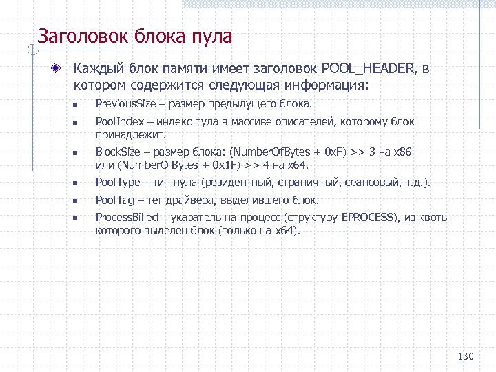 Заголовок блока пула Каждый блок памяти имеет заголовок POOL_HEADER, в котором содержится следующая информация: