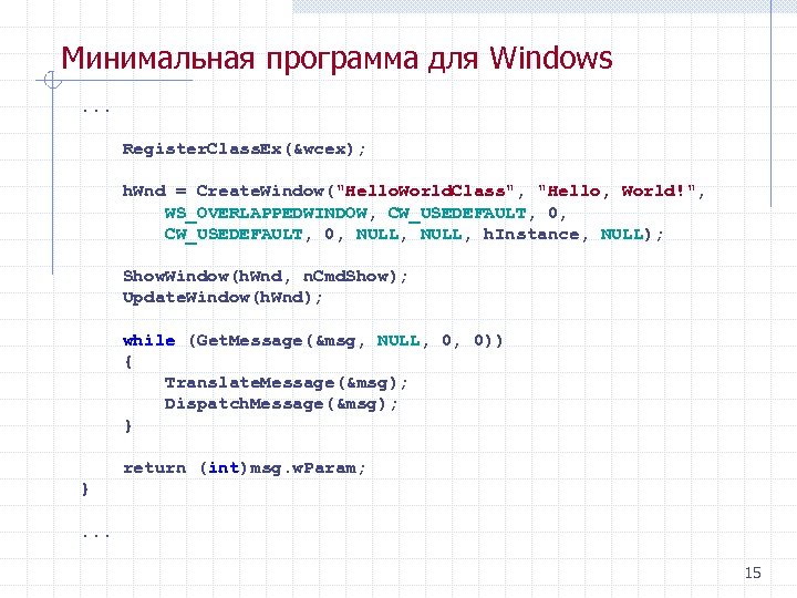 Минимальная программа для Windows. . . Register. Class. Ex(&wcex); h. Wnd = Create. Window(