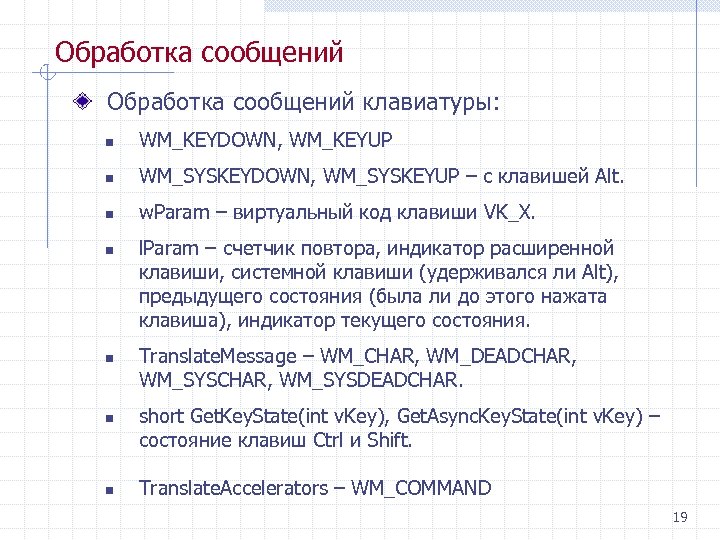 Обработка сообщений клавиатуры: n WM_KEYDOWN, WM_KEYUP n WM_SYSKEYDOWN, WM_SYSKEYUP – с клавишей Alt. n