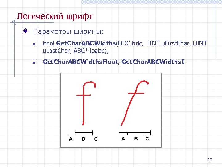 Логический шрифт Параметры ширины: n n bool Get. Char. ABCWidths(HDC hdc, UINT u. First.