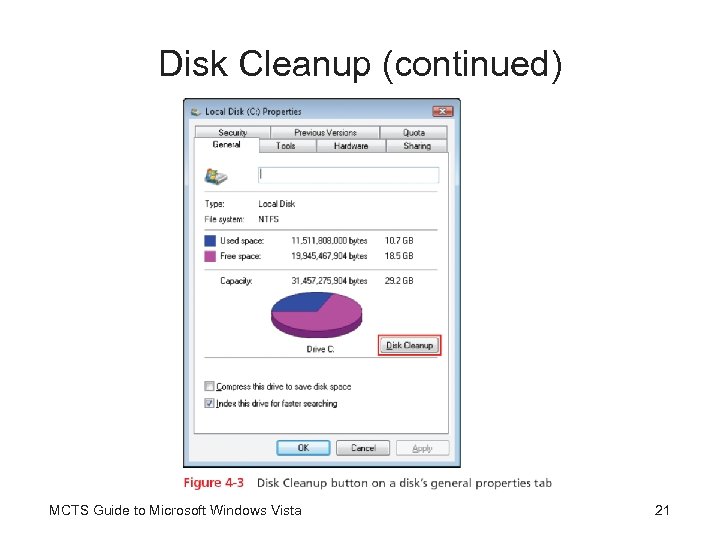 Disk Cleanup (continued) MCTS Guide to Microsoft Windows Vista 21 