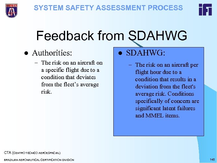 SYSTEM SAFETY ASSESSMENT PROCESS Feedback from SDAHWG l Authorities: – The risk on an