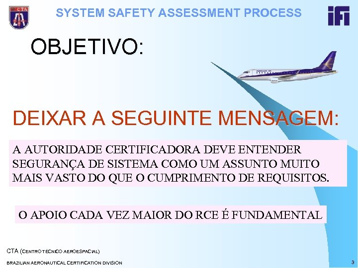 SYSTEM SAFETY ASSESSMENT PROCESS OBJETIVO: DEIXAR A SEGUINTE MENSAGEM: A AUTORIDADE CERTIFICADORA DEVE ENTENDER