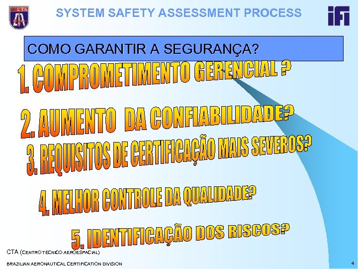 SYSTEM SAFETY ASSESSMENT PROCESS COMO GARANTIR A SEGURANÇA? CTA (CENTRO TÉCNICO AEROESPACIAL) BRAZILIAN AERONAUTICAL