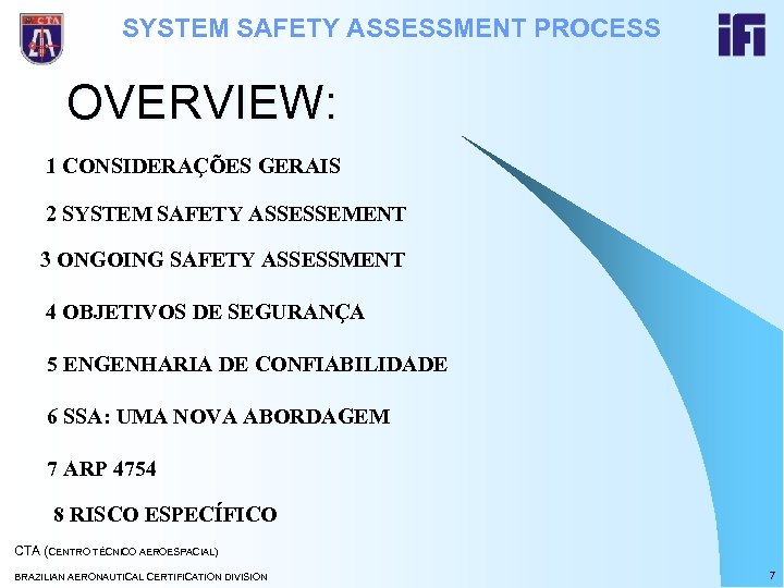 SYSTEM SAFETY ASSESSMENT PROCESS OVERVIEW: 1 CONSIDERAÇÕES GERAIS 2 SYSTEM SAFETY ASSESSEMENT 3 ONGOING