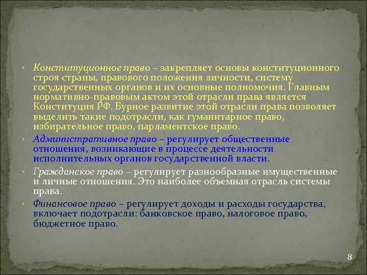  • Конституционное право – закрепляет основы конституционного строя страны, правового положения личности, систему