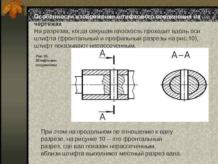Особенности изображения штифтового соединения на чертежах На разрезах, когда секущая плоскость проходит вдоль оси