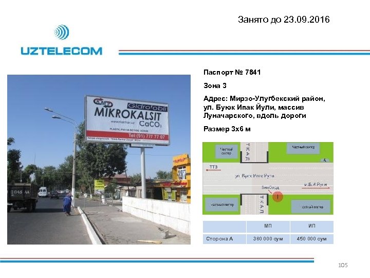 Занято до 23. 09. 2016 Паспорт № 7841 Зона 3 Адрес: Мирзо-Улугбекский район, ул.