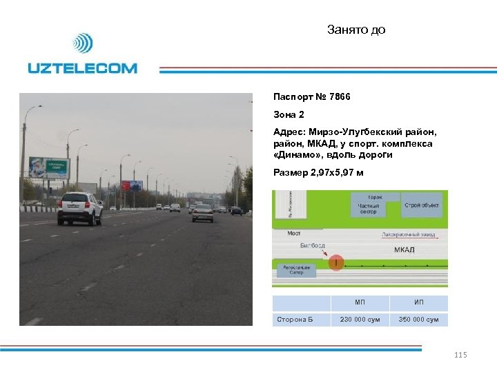 Занято до Паспорт № 7866 Зона 2 Адрес: Мирзо-Улугбекский район, МКАД, у спорт. комплекса