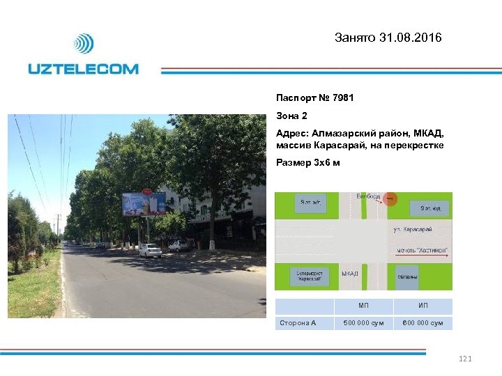 Занято 31. 08. 2016 Паспорт № 7981 Зона 2 Адрес: Алмазарский район, МКАД, массив