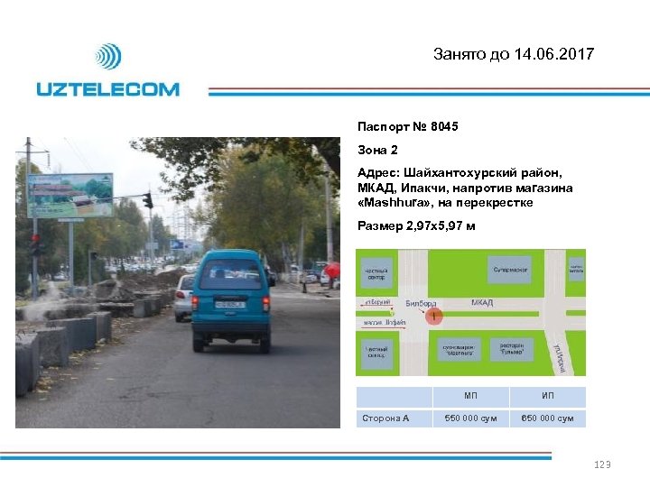 Занято до 14. 06. 2017 Паспорт № 8045 Зона 2 Адрес: Шайхантохурский район, МКАД,