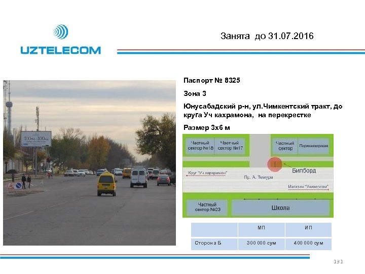 Занята до 31. 07. 2016 Паспорт № 8325 Зона 3 Юнусабадский р-н, ул. Чимкентский
