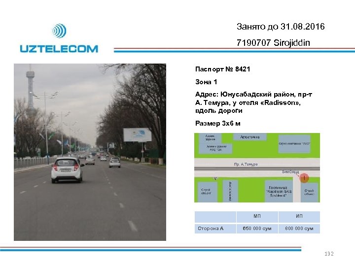 Занято до 31. 08. 2016 7190707 Sirojiddin Паспорт № 8421 Зона 1 Адрес: Юнусабадский