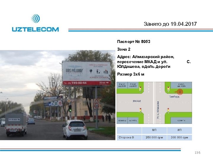 Занято до 19. 04. 2017 Паспорт № 8953 Зона 2 Адрес: Алмазарский район, пересечение