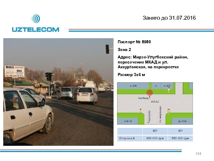 Занято до 31. 07. 2016 Паспорт № 8980 Зона 2 Адрес: Мирзо-Улугбекский район, пересечение