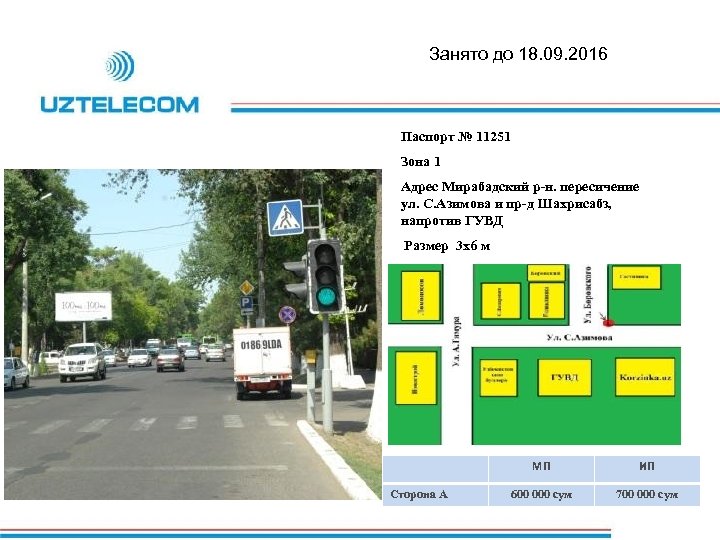Занято до 18. 09. 2016 Паспорт № 11251 Зона 1 Адрес Мирабадский р-н. пересичение