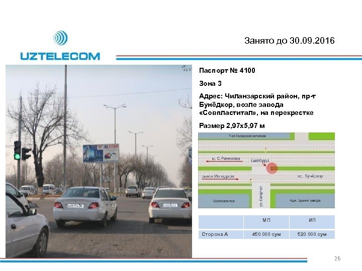 Занято до 30. 09. 2016 Паспорт № 4100 Зона 3 Адрес: Чиланзарский район, пр-т