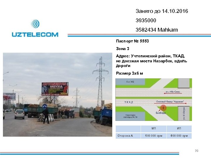 Занято до 14. 10. 2016 3935000 3582434 Mahkam Паспорт № 5553 Зона 3 Адрес: